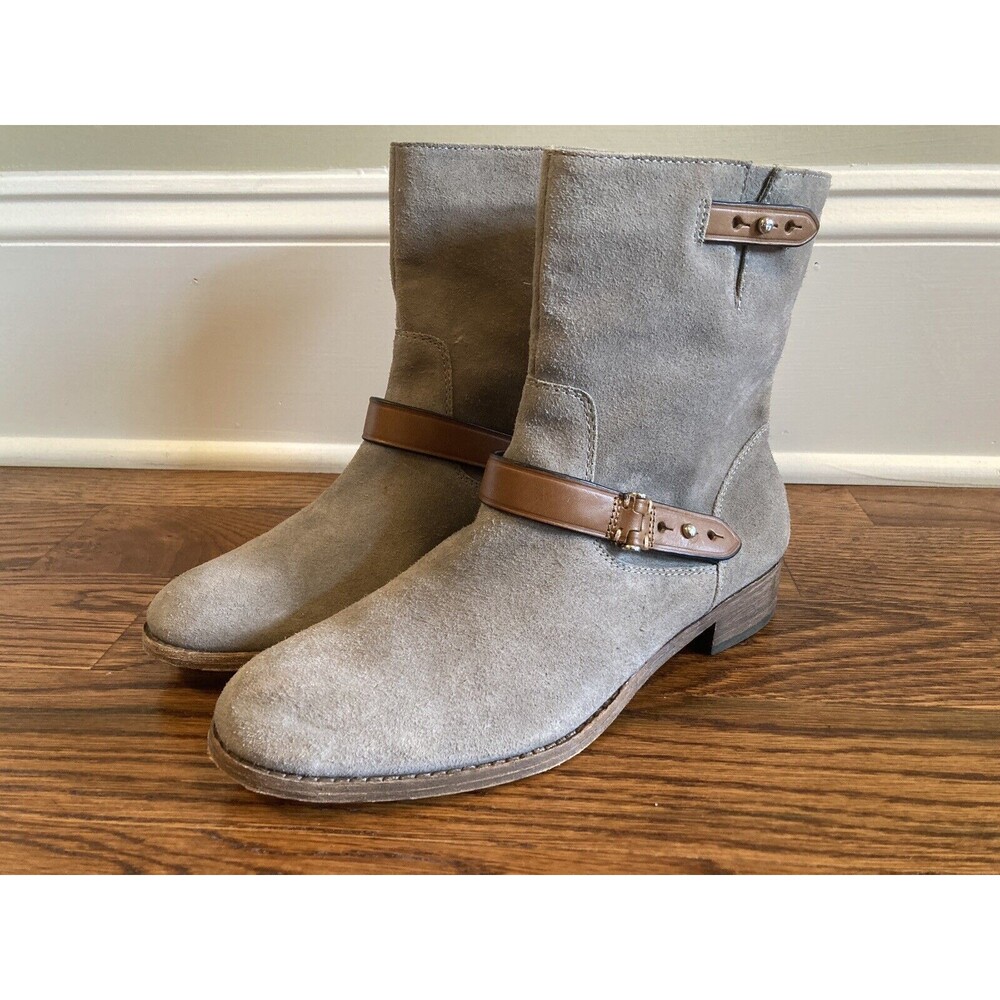 Coach Women's Amy Taupe Gray Suede Short Buckle Moto Ankle Boots Size 7.5